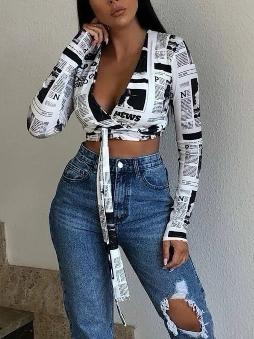 *BRAND NEW* Femme Luxe Women’s Small Newspaper Print Long-Sleeve Wrap Crop Top